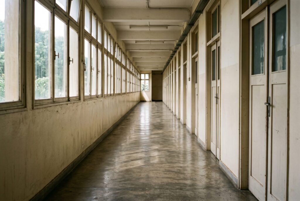 Couloir d'hôpital traversé par la lumière du jour