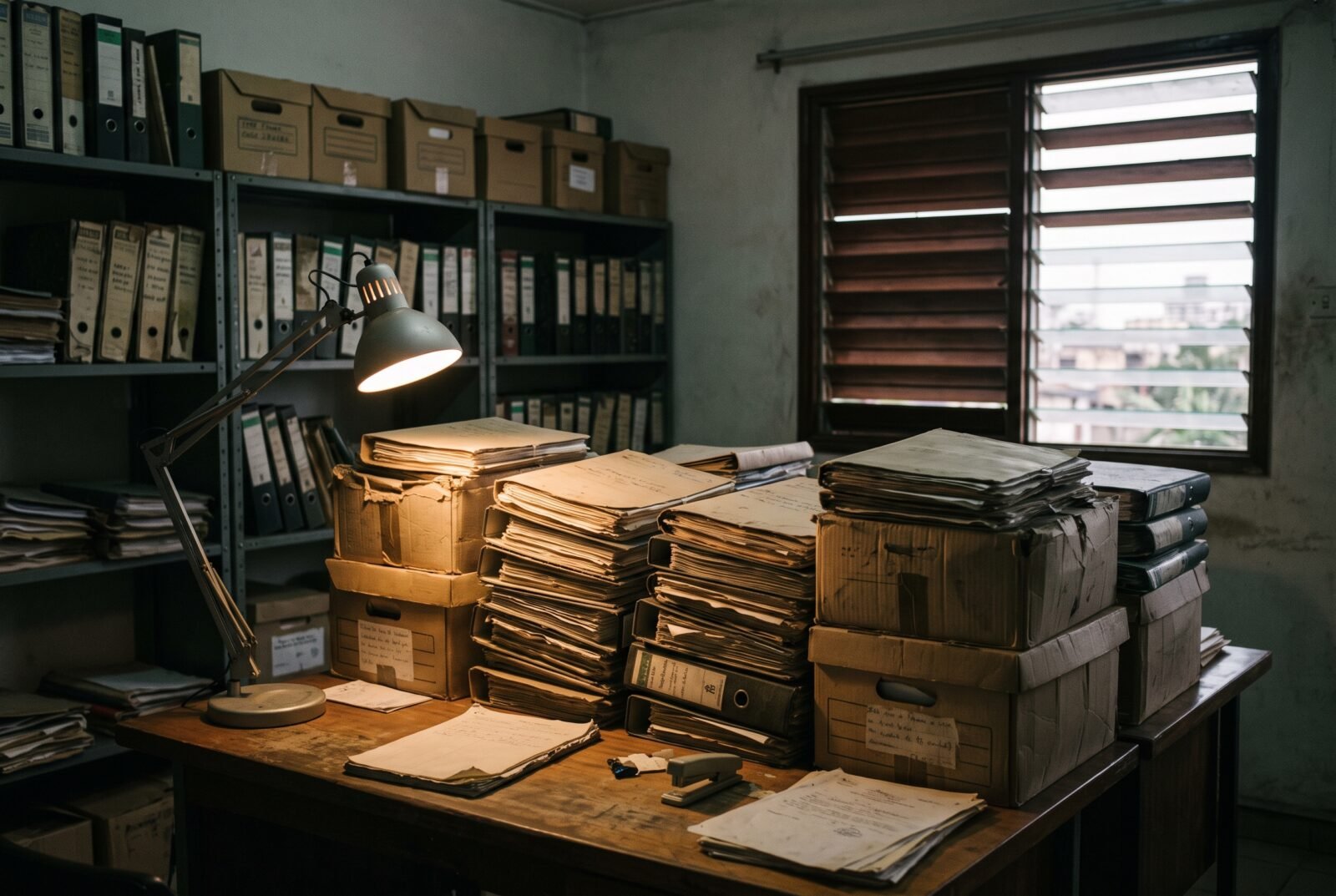 Dossiers de documentation des violences empilés sur un bureau
