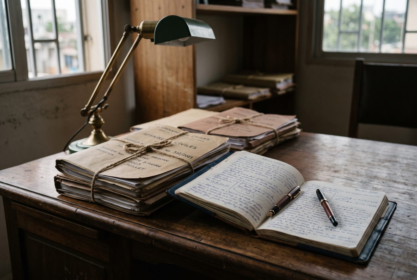 Dossiers juridiques et carnet de notes sur un bureau